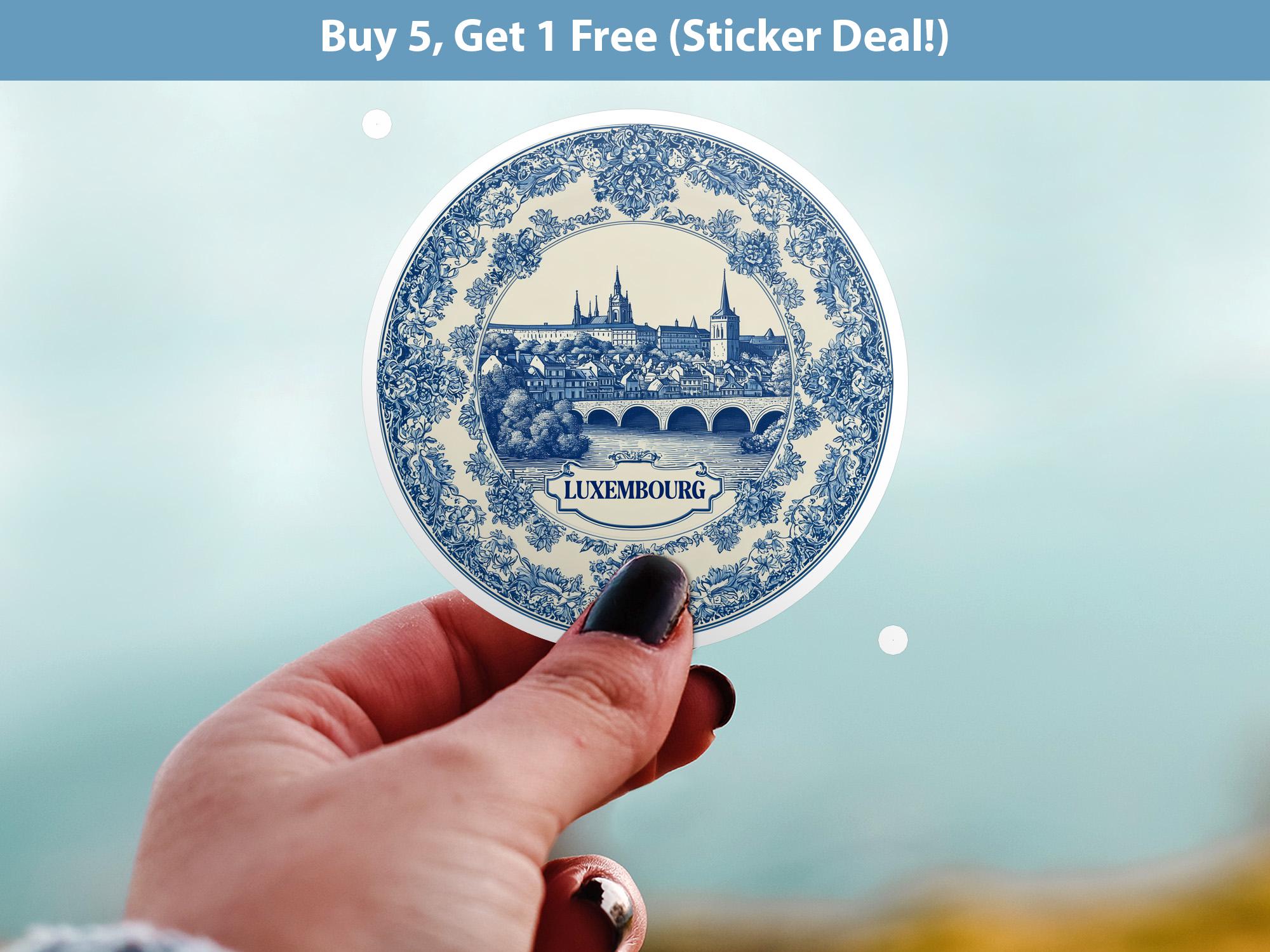 Luxembourg Sticker Vintage Delft style, Delftware Decal Waterproof Vinyl, Blue City Travel