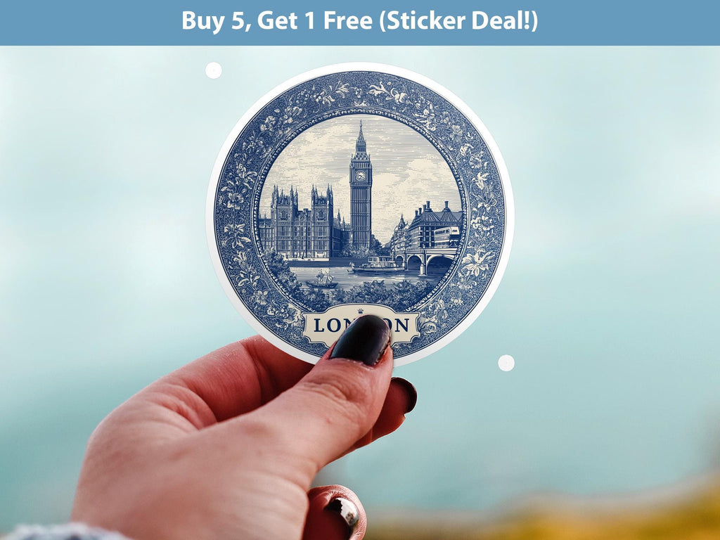 London UK Sticker Vintage Delft style, Delftware Decal Waterproof Vinyl, Blue City Travel