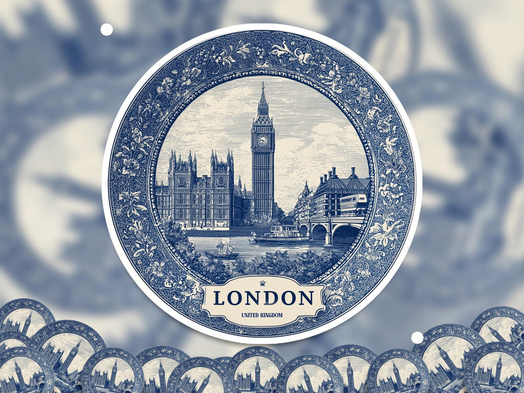 London UK Sticker Vintage Delft style, Delftware Decal Waterproof Vinyl, Blue City Travel