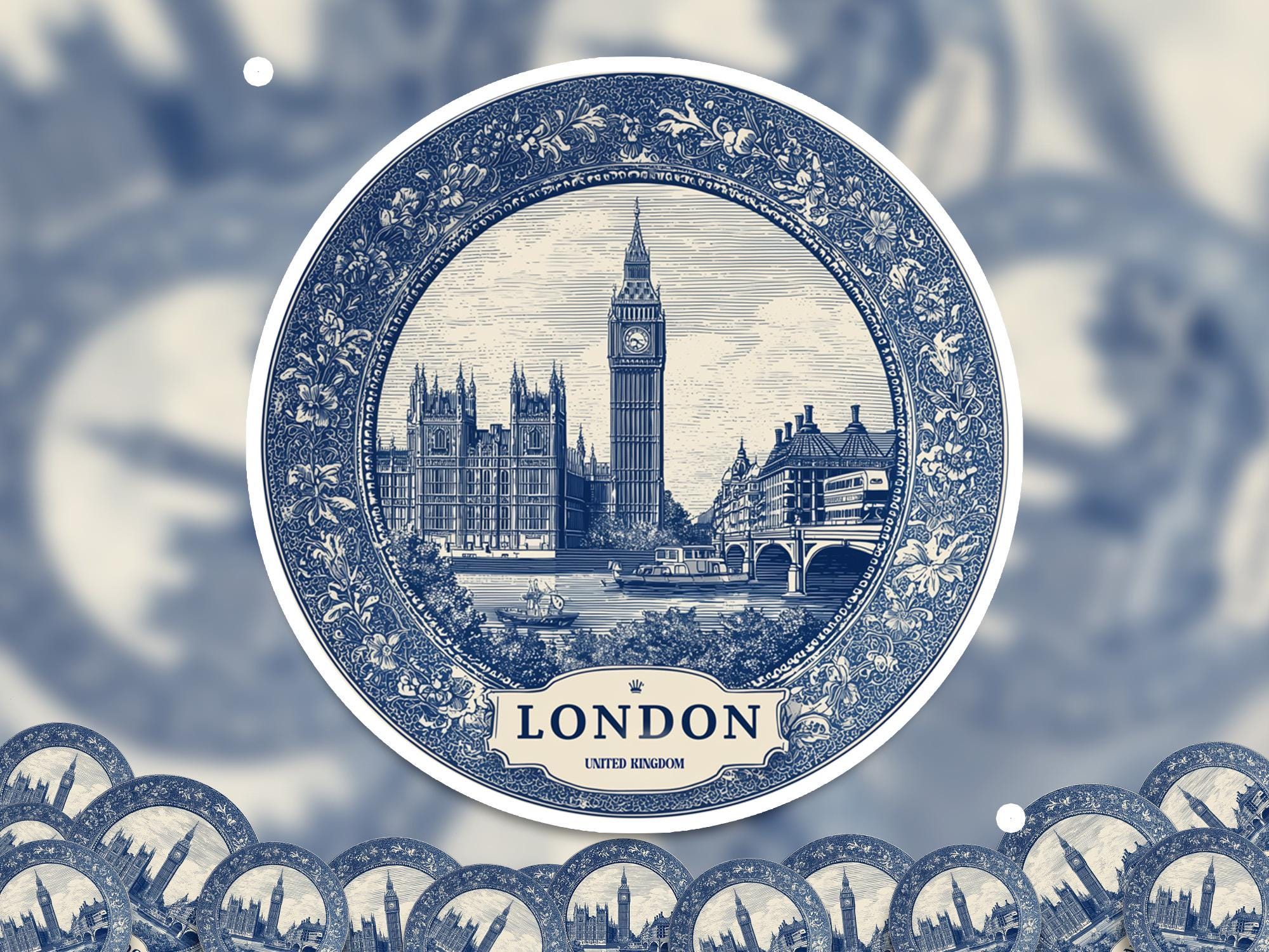 London UK Sticker Vintage Delft style, Delftware Decal Waterproof Vinyl, Blue City Travel