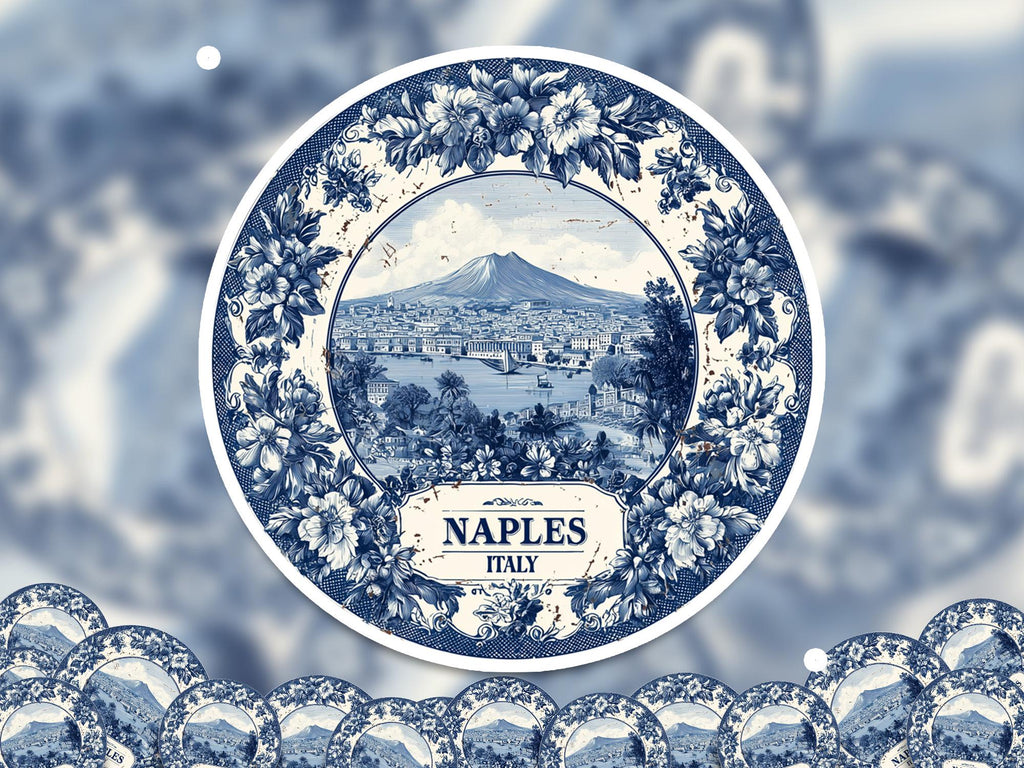 Naples Italy Sticker Vintage Delft style, Delftware Decal Waterproof Vinyl, Blue City Travel