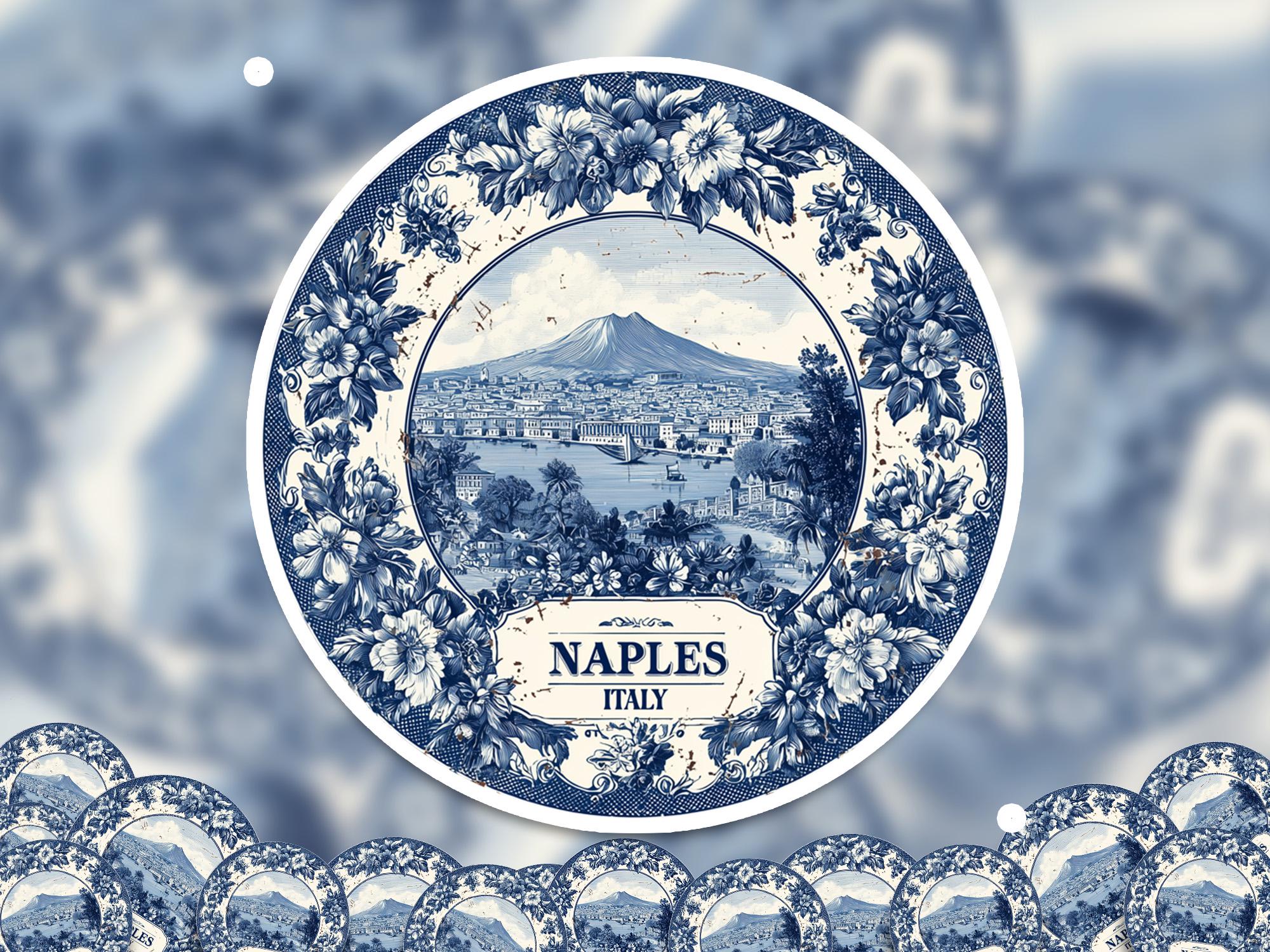 Naples Italy Sticker Vintage Delft style, Delftware Decal Waterproof Vinyl, Blue City Travel