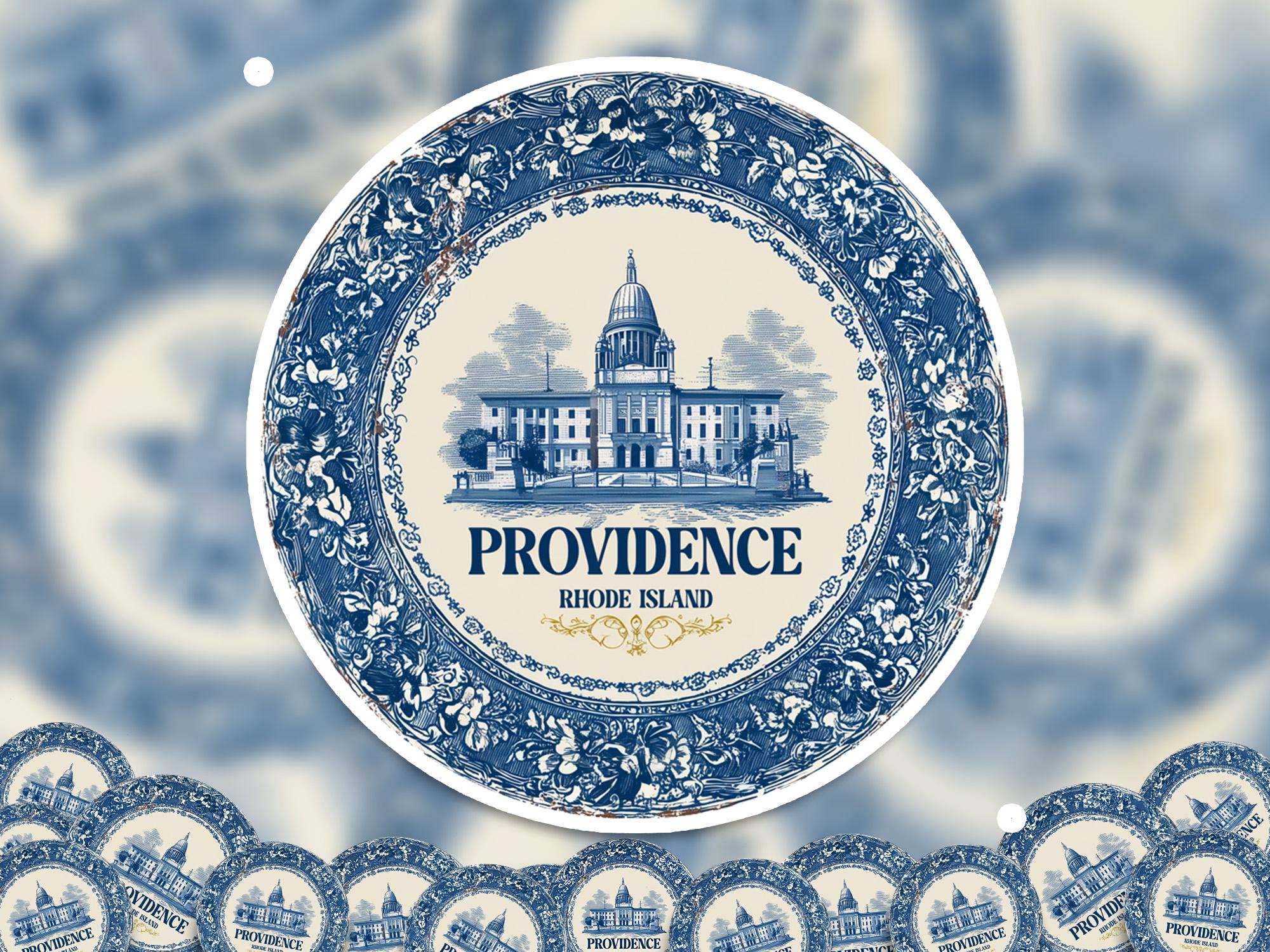 Providence Rhode Island Sticker Vintage Delft style, Delftware Decal Waterproof Vinyl, Blue City Travel