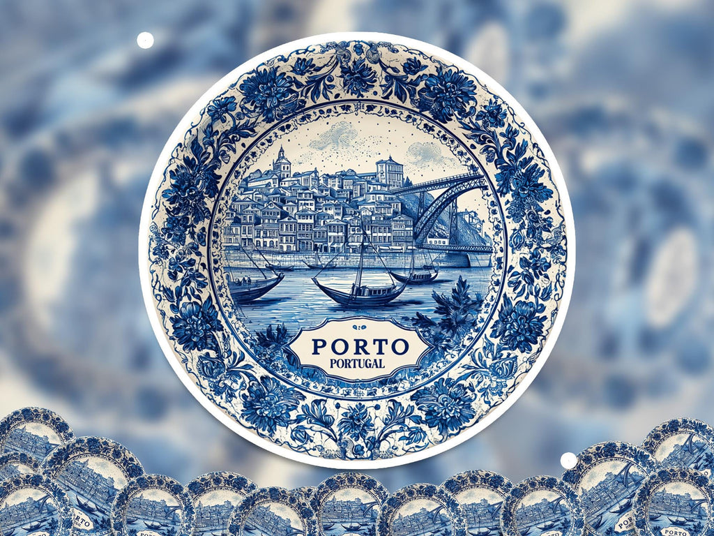 Porto Portugal Sticker Vintage Delft style, Delftware Decal Waterproof Vinyl, Blue City Travel
