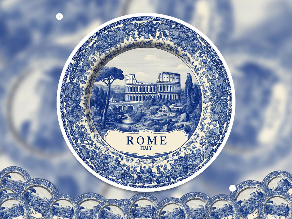 Rome Italy Sticker Vintage Delft style, Delftware Decal Waterproof Vinyl, Blue City Travel