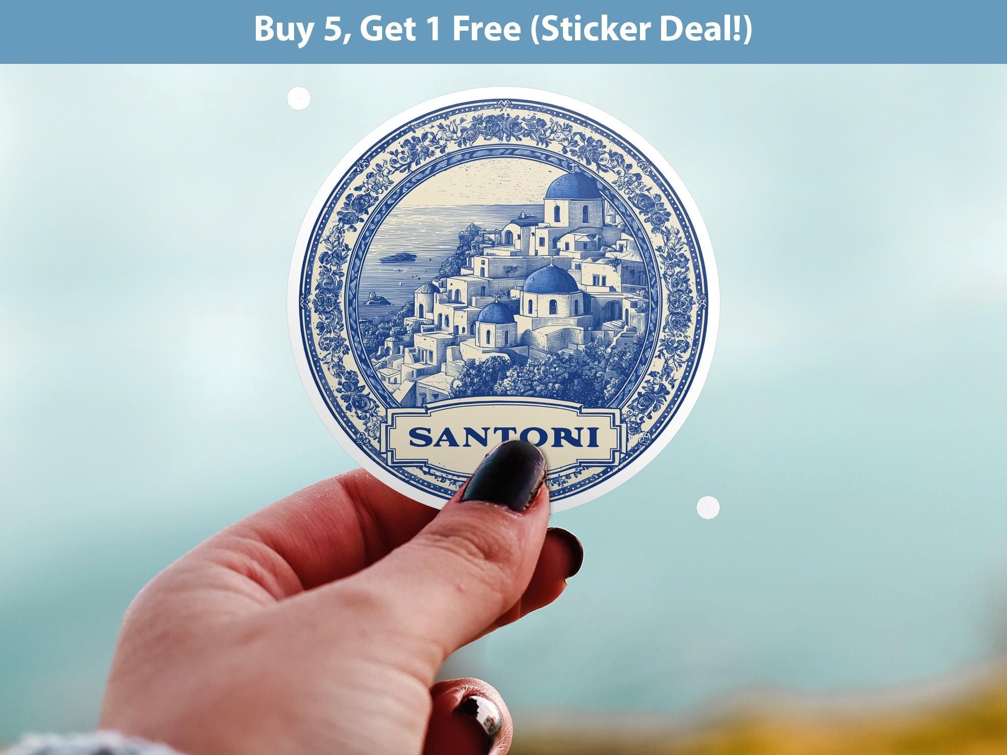 Santorini Greece Sticker Vintage Delft style, Delftware Decal Waterproof Vinyl, Blue City Travel