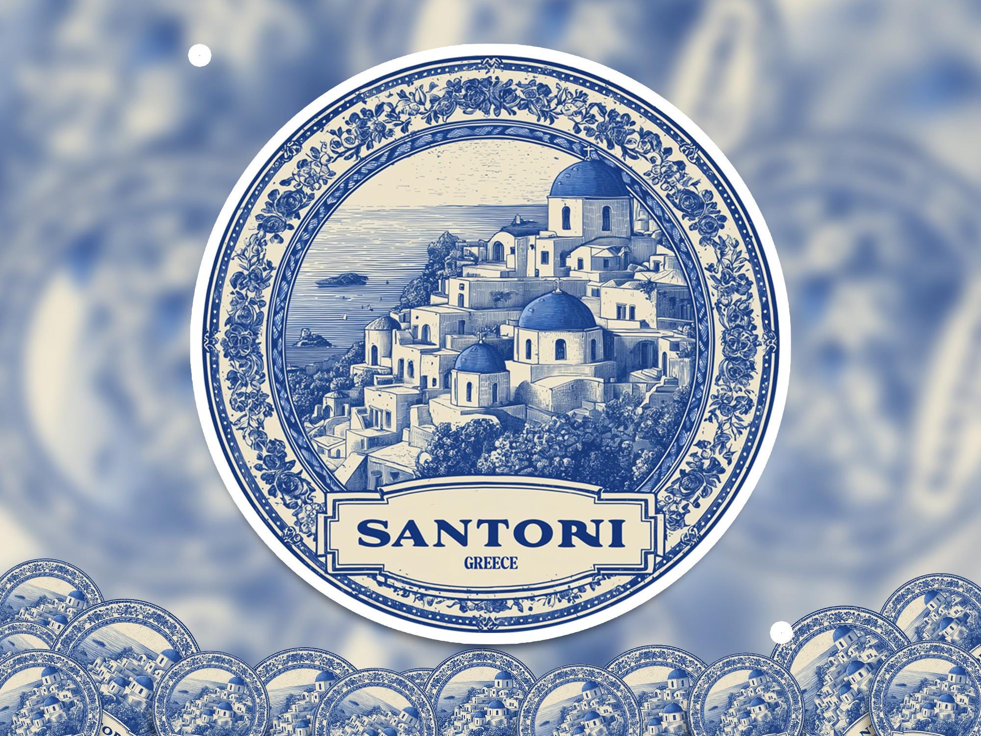 Santorini Greece Sticker Vintage Delft style, Delftware Decal Waterproof Vinyl, Blue City Travel