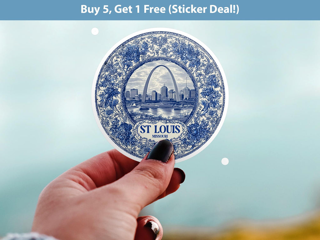 St Louis Missouri Sticker Vintage Delft style, Delftware Decal Waterproof Vinyl, Blue City Travel