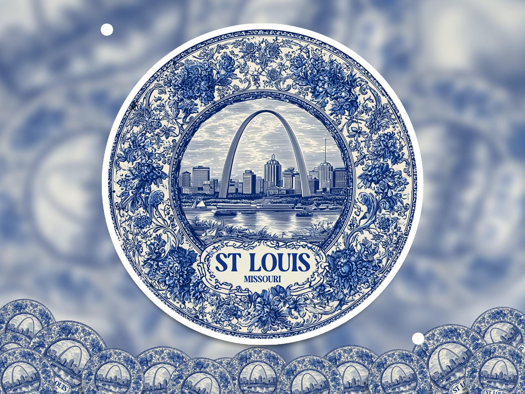 St Louis Missouri Sticker Vintage Delft style, Delftware Decal Waterproof Vinyl, Blue City Travel