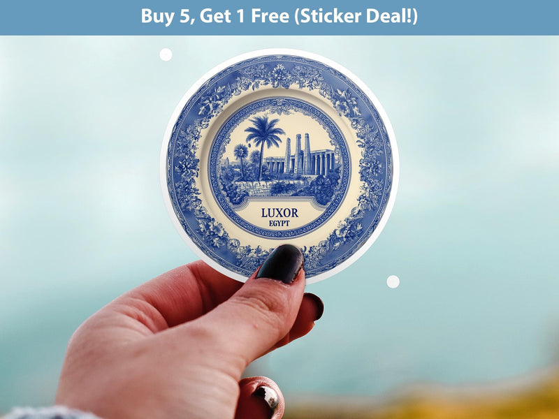 Luxor Egypt Sticker Vintage Delft style, Delftware Decal Waterproof Vinyl, Blue City Travel