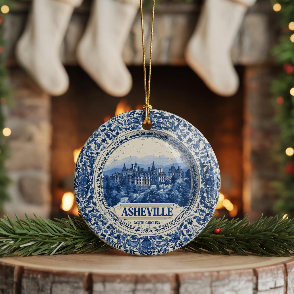 Custom Asheville North Carolina Ceramic Delft Ornament, Christmas Delftware Blue Delftware city travel