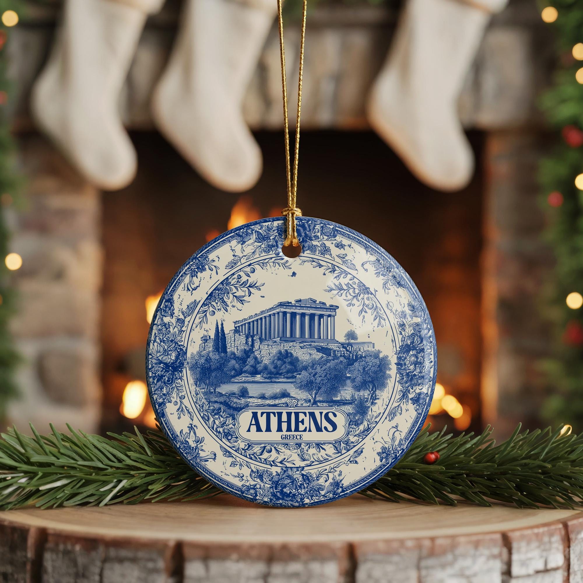 Custom Athens Greece Ceramic Delft Ornament, Christmas Delftware Blue Delftware city travel
