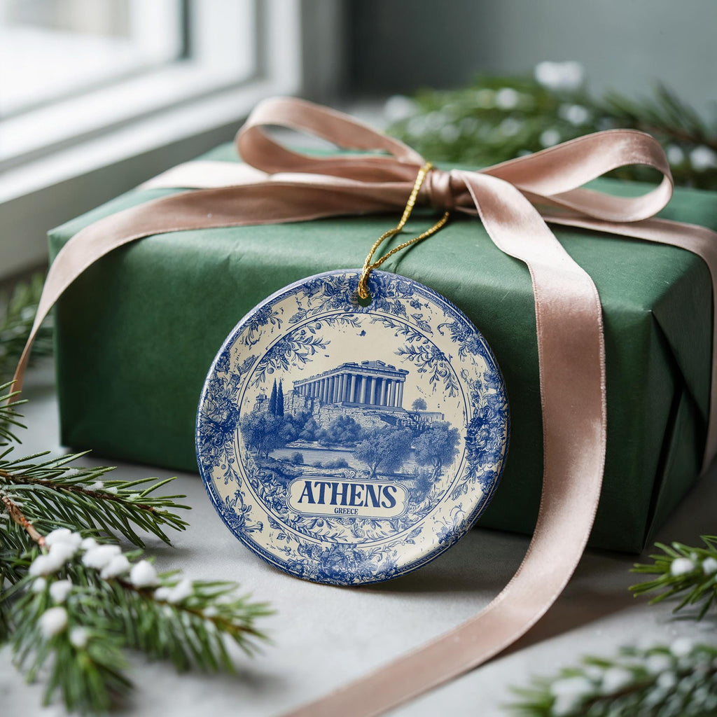 Custom Athens Greece Ceramic Delft Ornament, Christmas Delftware Blue Delftware city travel