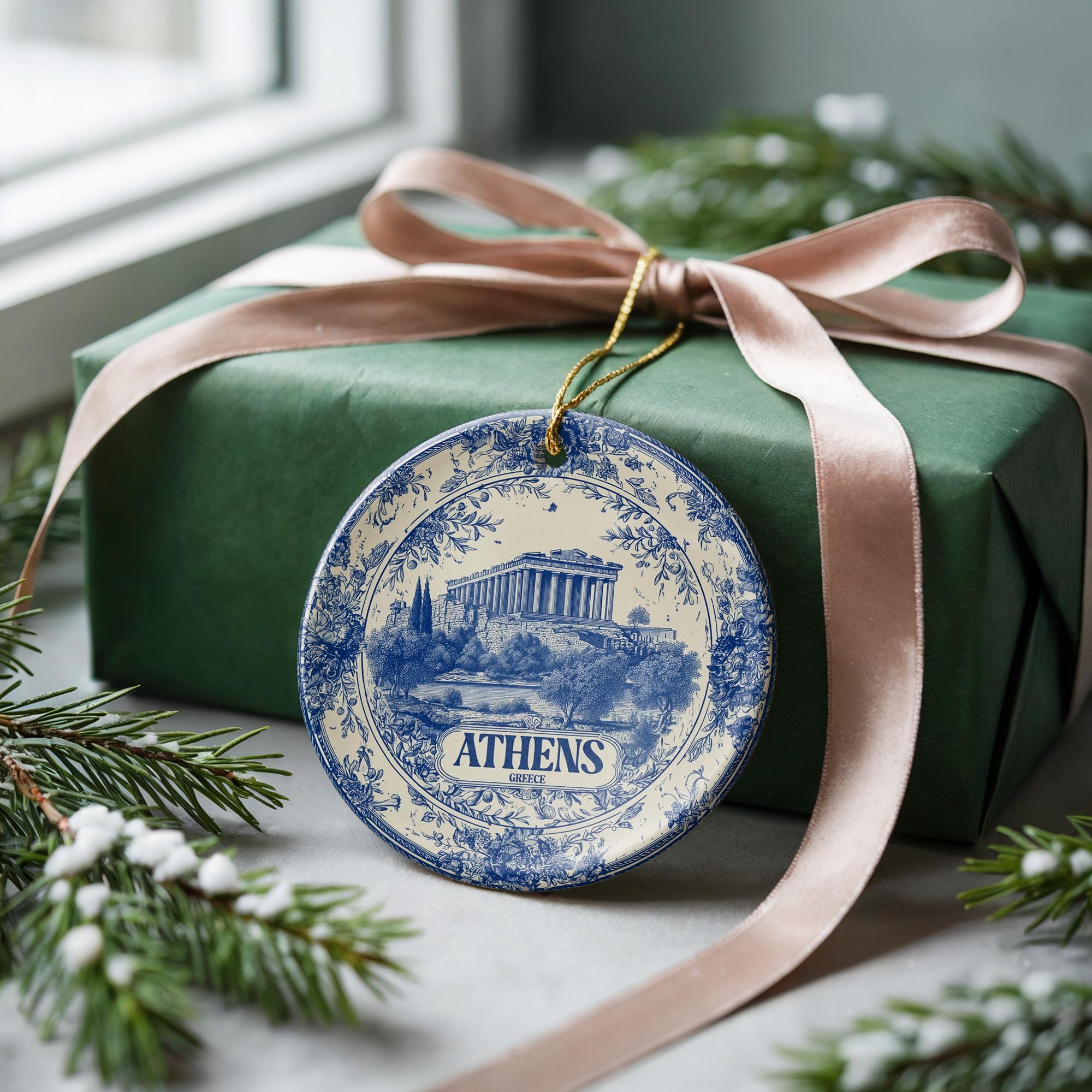 Custom Athens Greece Ceramic Delft Ornament, Christmas Delftware Blue Delftware city travel