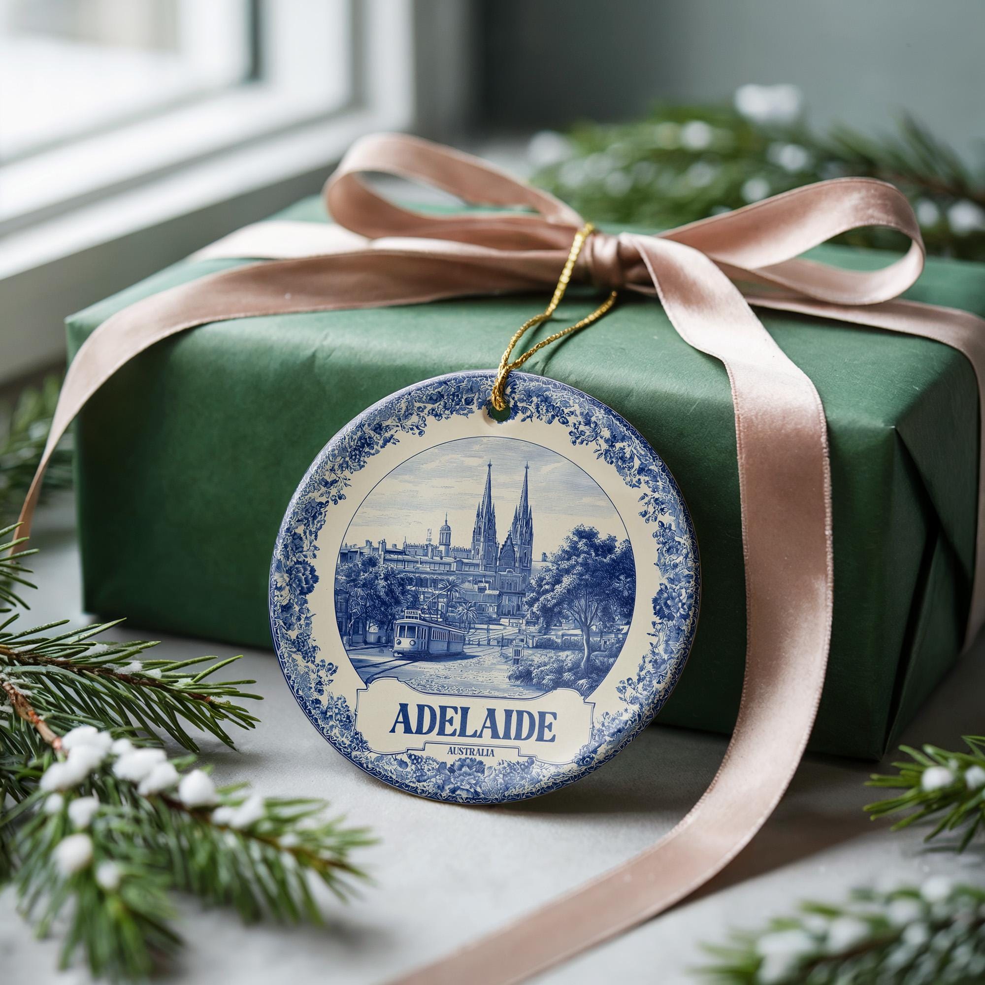 Custom Adelaide Australia Ceramic Delft Ornament, Christmas Delftware Blue Delftware city travel