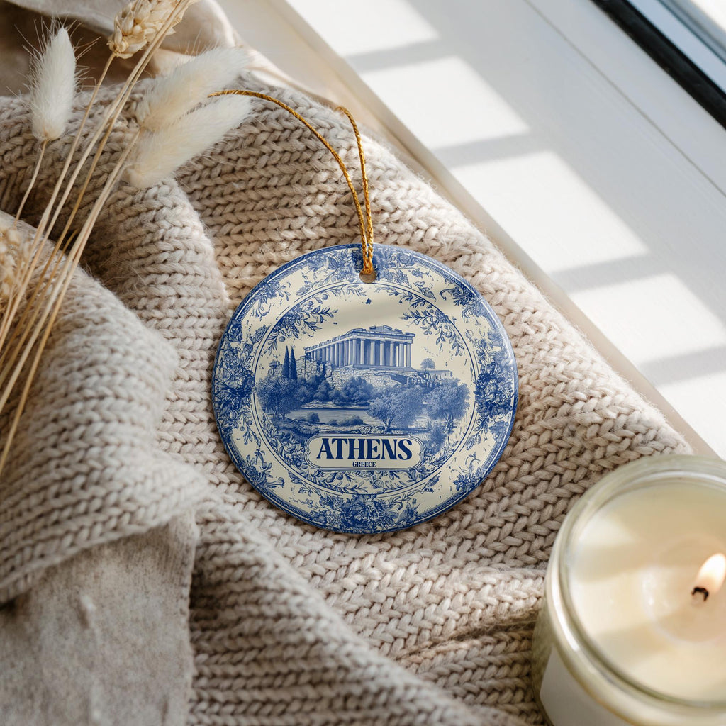 Custom Athens Greece Ceramic Delft Ornament, Christmas Delftware Blue Delftware city travel