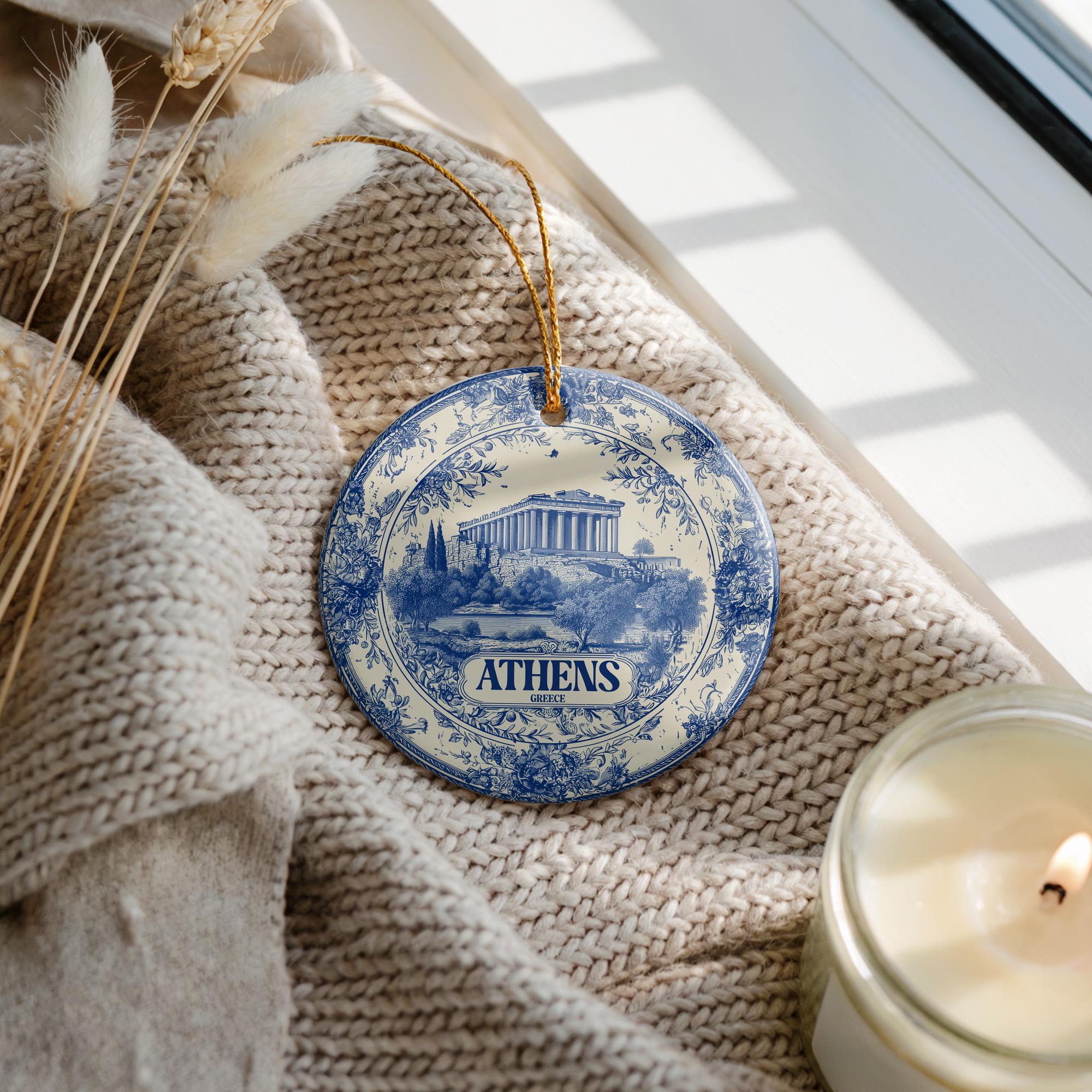 Custom Athens Greece Ceramic Delft Ornament, Christmas Delftware Blue Delftware city travel