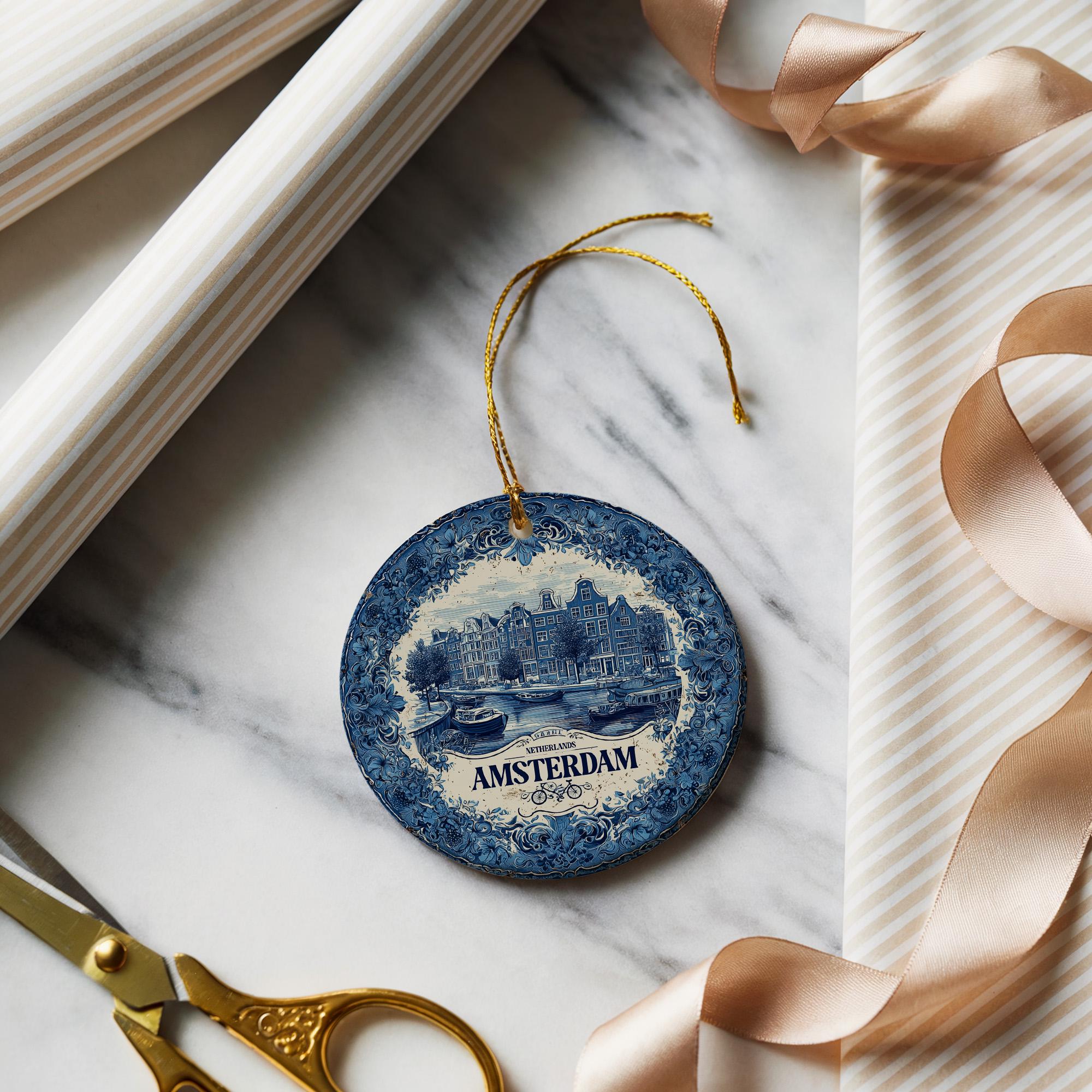 Custom Amsterdam Netherlands Ceramic Delft Ornament, Christmas Delftware Blue Delftware city travel