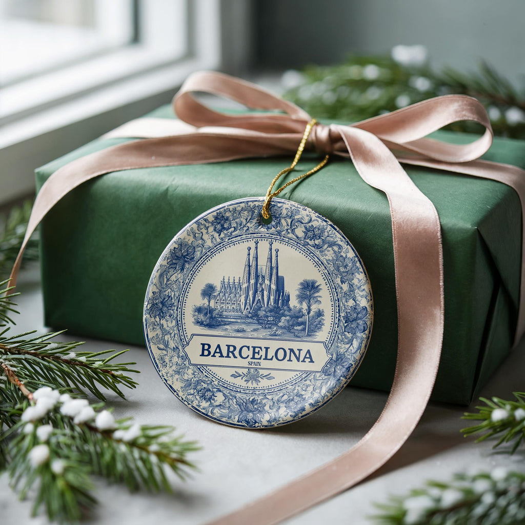 Custom Barcelona Spain Ceramic Delft Ornament, Christmas Delftware Blue Delftware city travel