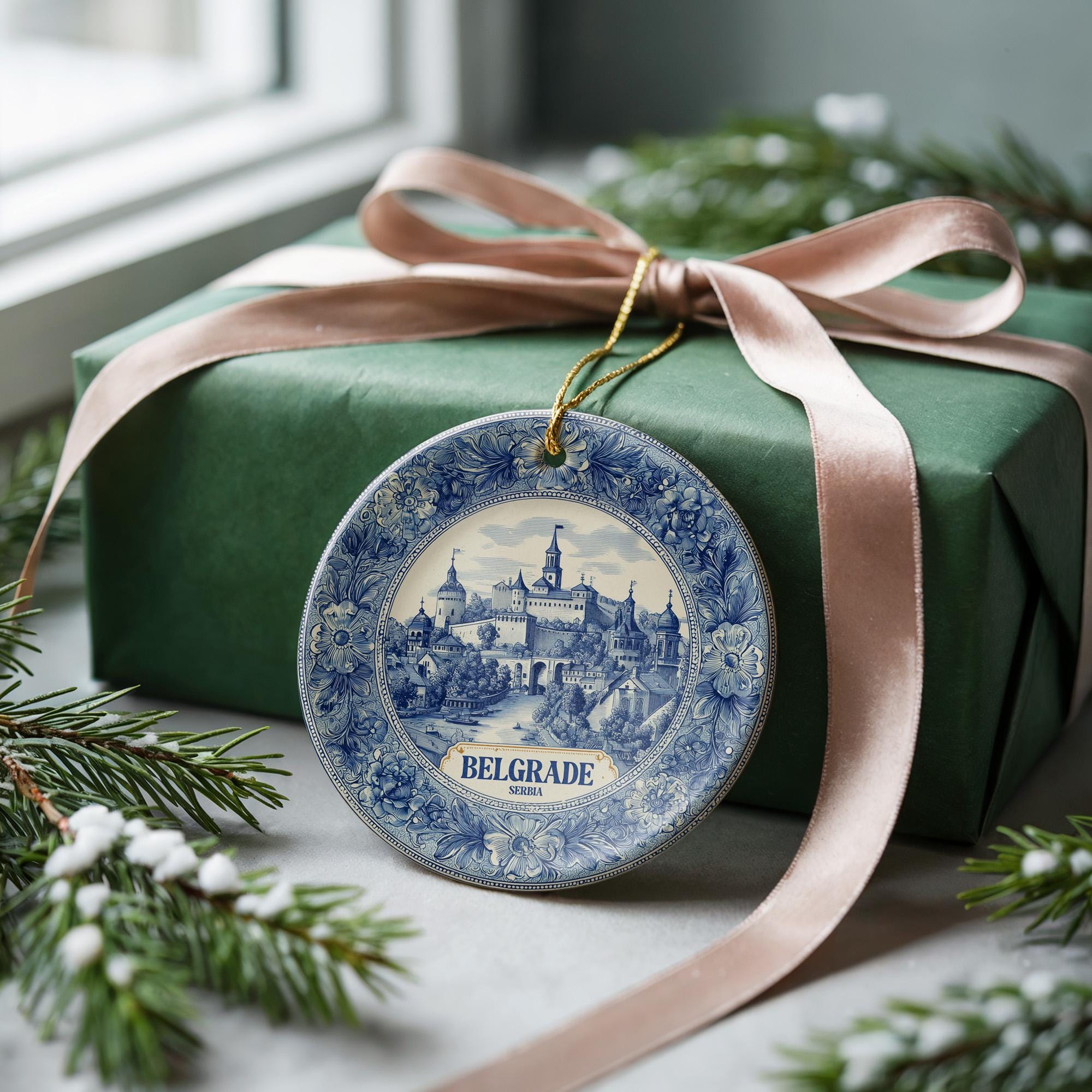 Custom Belgrade Serbia Ceramic Delft Ornament, Christmas Delftware Blue Delftware city travel