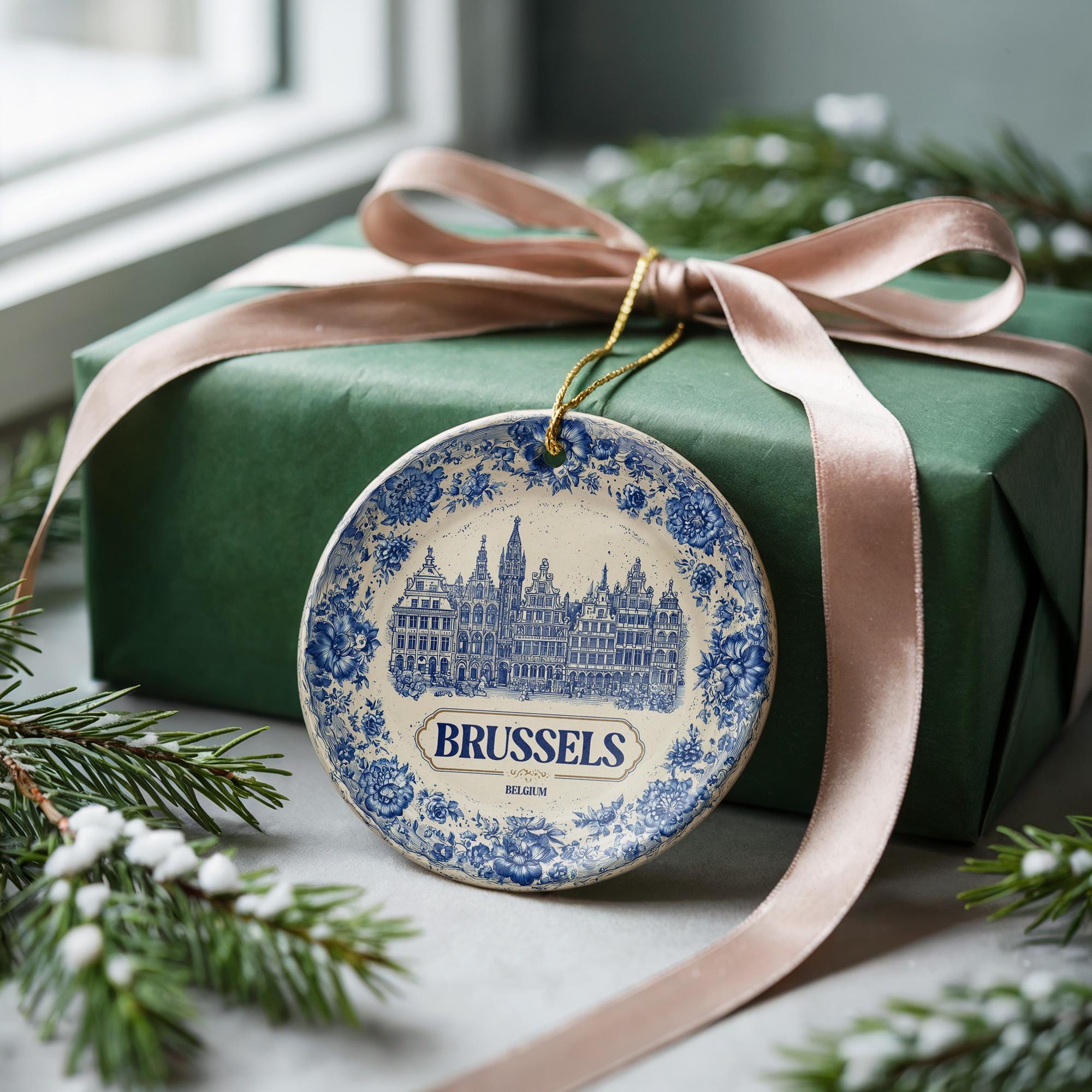 Custom Brussels Belgium Ceramic Delft Ornament, Christmas Delftware Blue Delftware city travel
