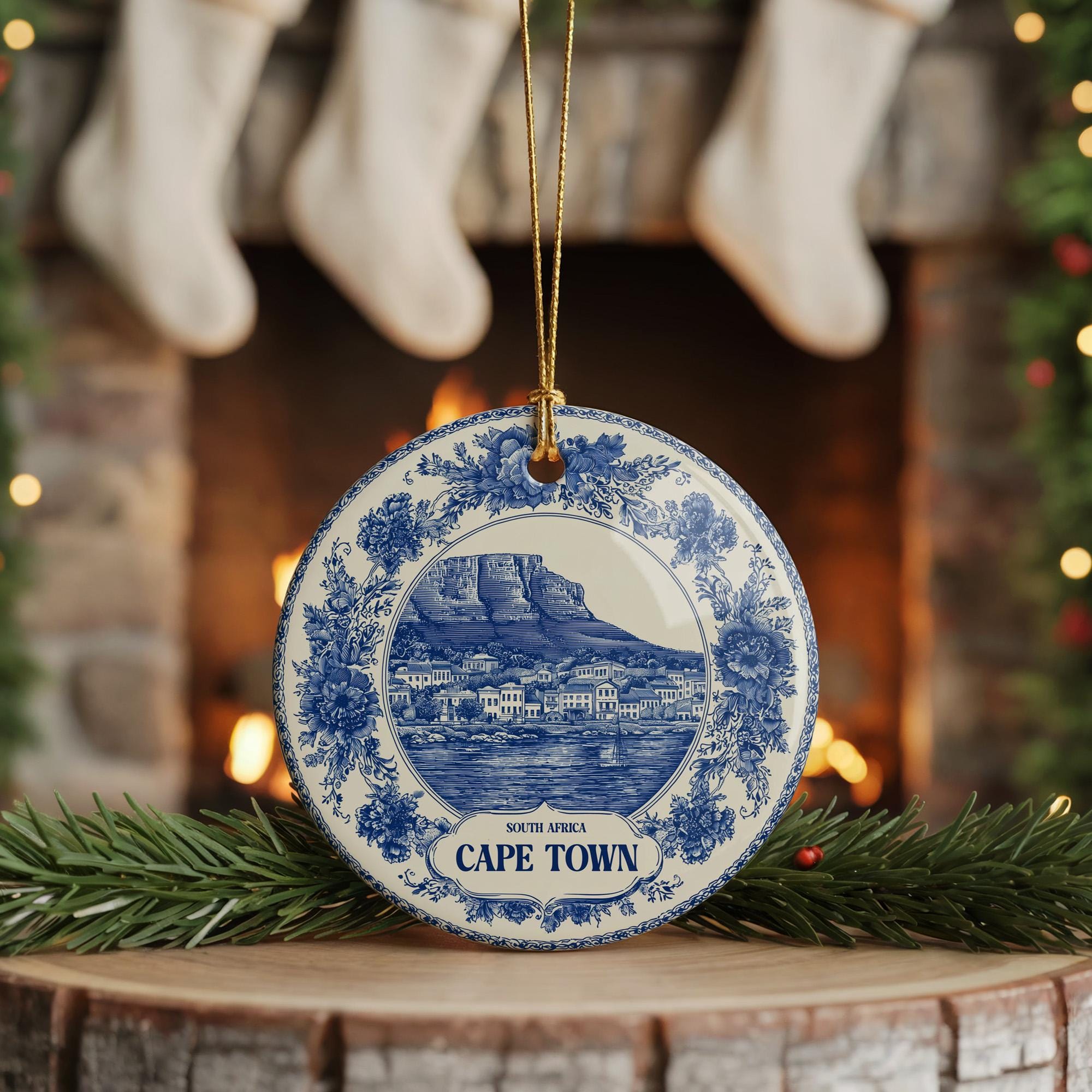 Custom Cape Town South Africa Ceramic Delft Ornament, Christmas Delftware Blue Delftware city travel