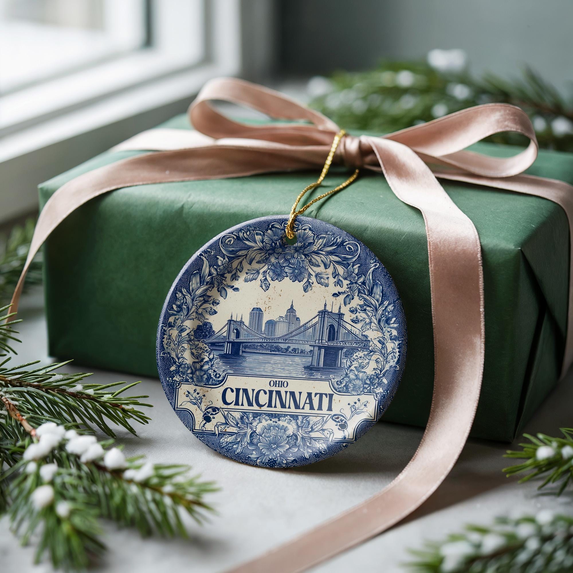 Custom Cincinnati Ohio Ceramic Delft Ornament, Christmas Delftware Blue Delftware city travel