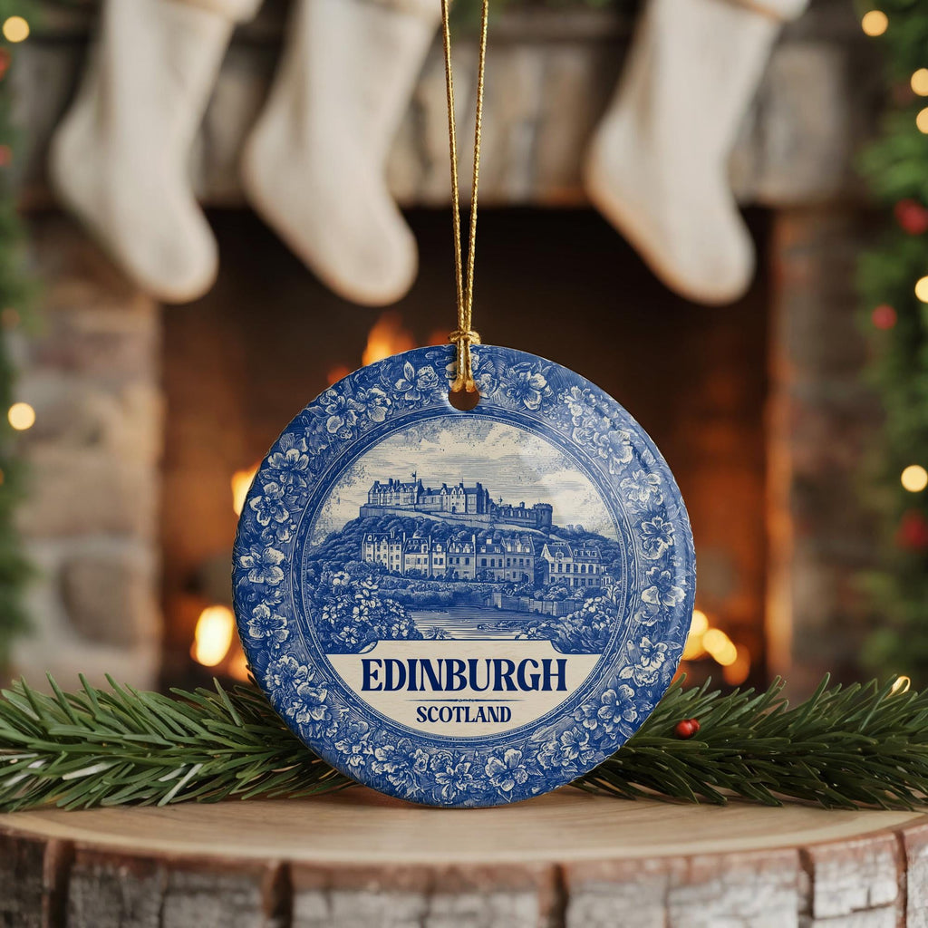 Custom Edinburgh Scotland Ceramic Delft Ornament, Christmas Delftware Blue Delftware city travel