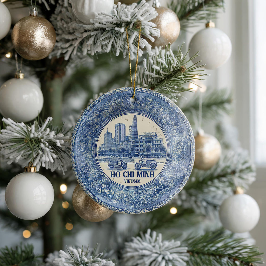 Ho Chi Minh City Christmas Ornament: Custom Delftware Ceramic Travel Keepsake