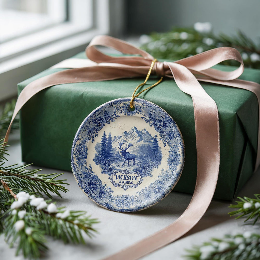 Custom Jackson Wyoming Ceramic Delft Ornament, Christmas Delftware Blue Delftware city travel