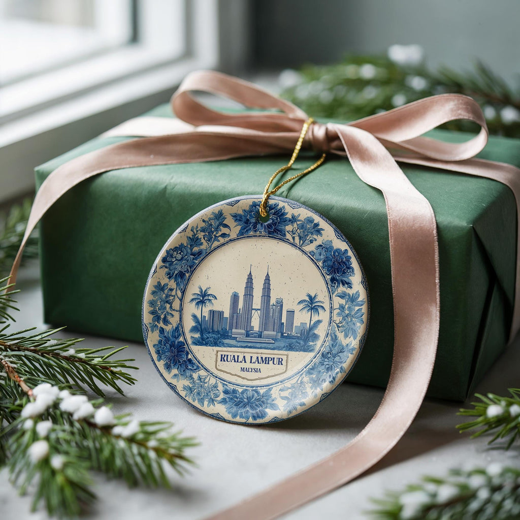 Custom Kuala Lumpur Malaysia Ceramic Delft Ornament, Christmas Delftware Blue Delftware city travel