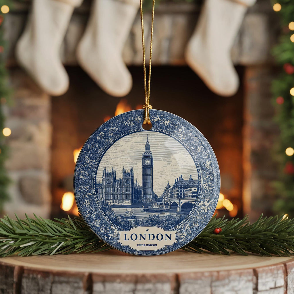 Custom London UK Ceramic Delft Ornament, Christmas Delftware Blue Delftware city travel