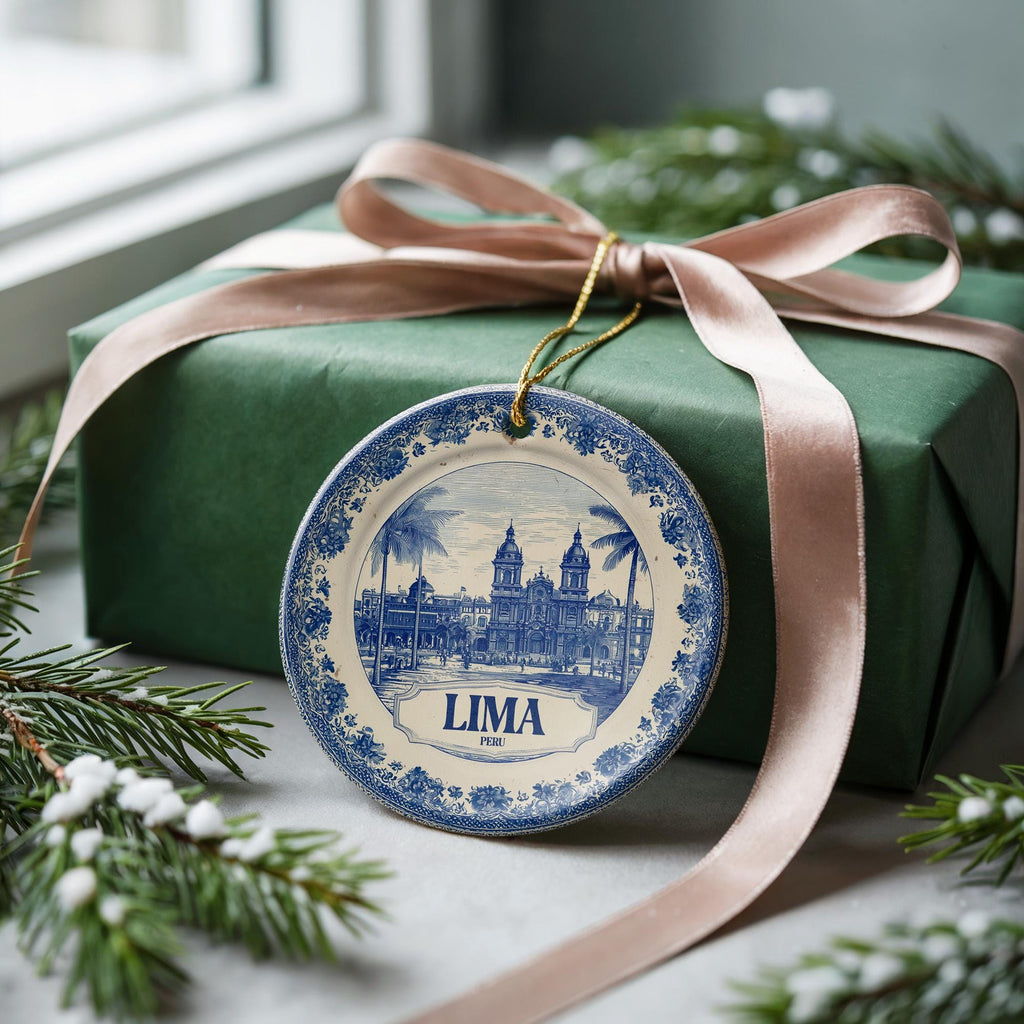 Custom Lima Peru Ceramic Delft Ornament, Christmas Delftware Blue Delftware city travel