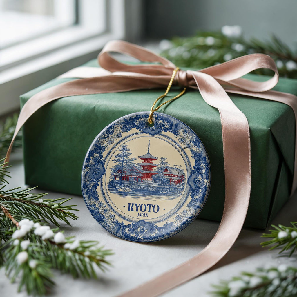 Custom Kyoto Japan Ceramic Delft Ornament, Christmas Delftware Blue Delftware city travel