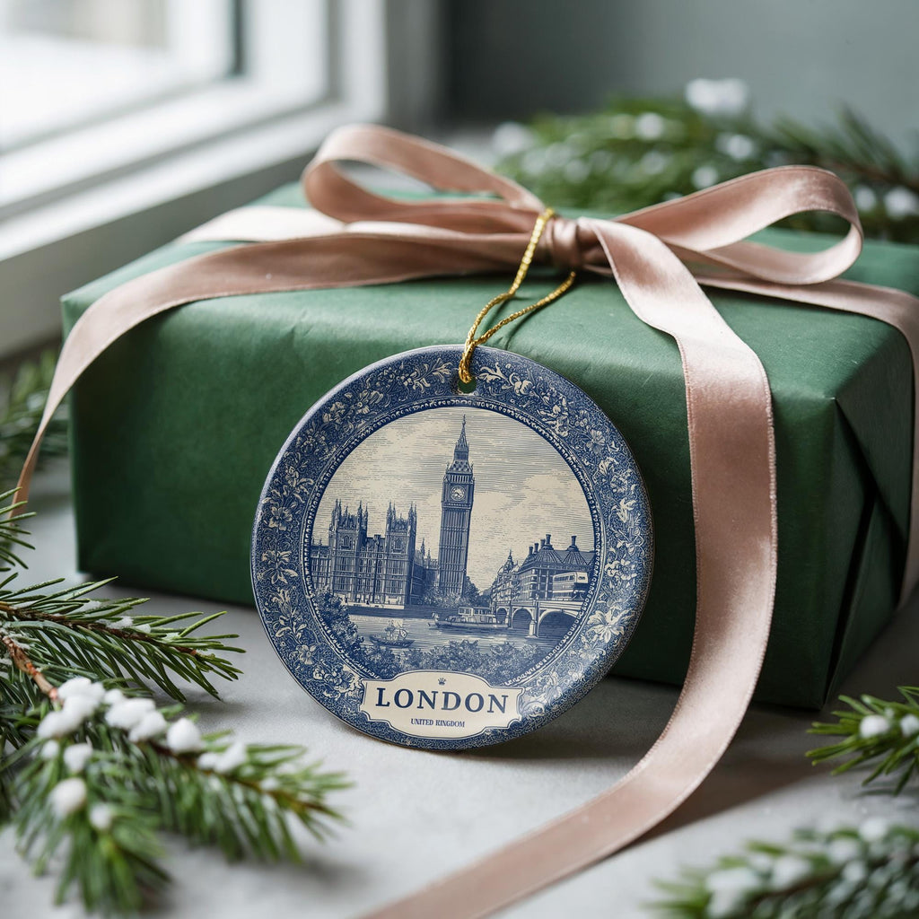 Custom London UK Ceramic Delft Ornament, Christmas Delftware Blue Delftware city travel