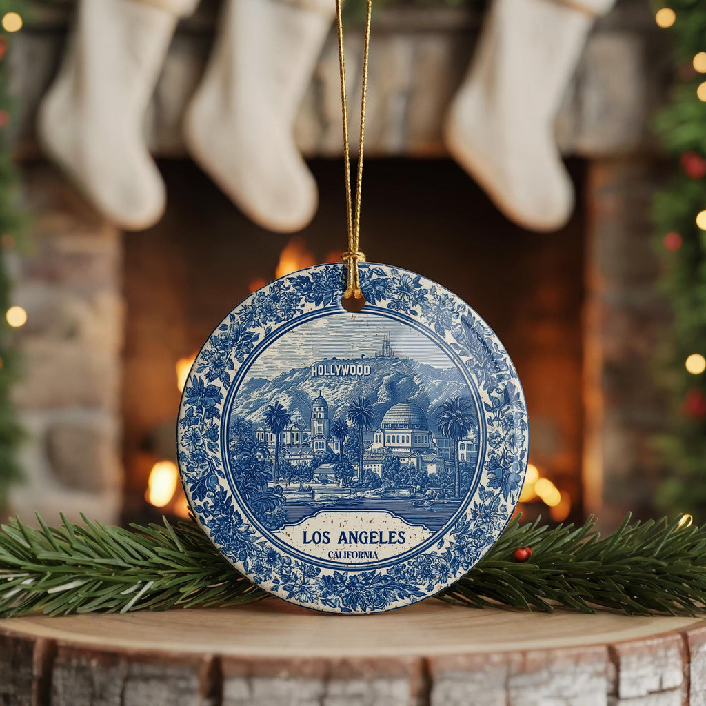 Custom Los Angeles California Ceramic Delft Ornament, Christmas Delftware Blue Delftware city travel