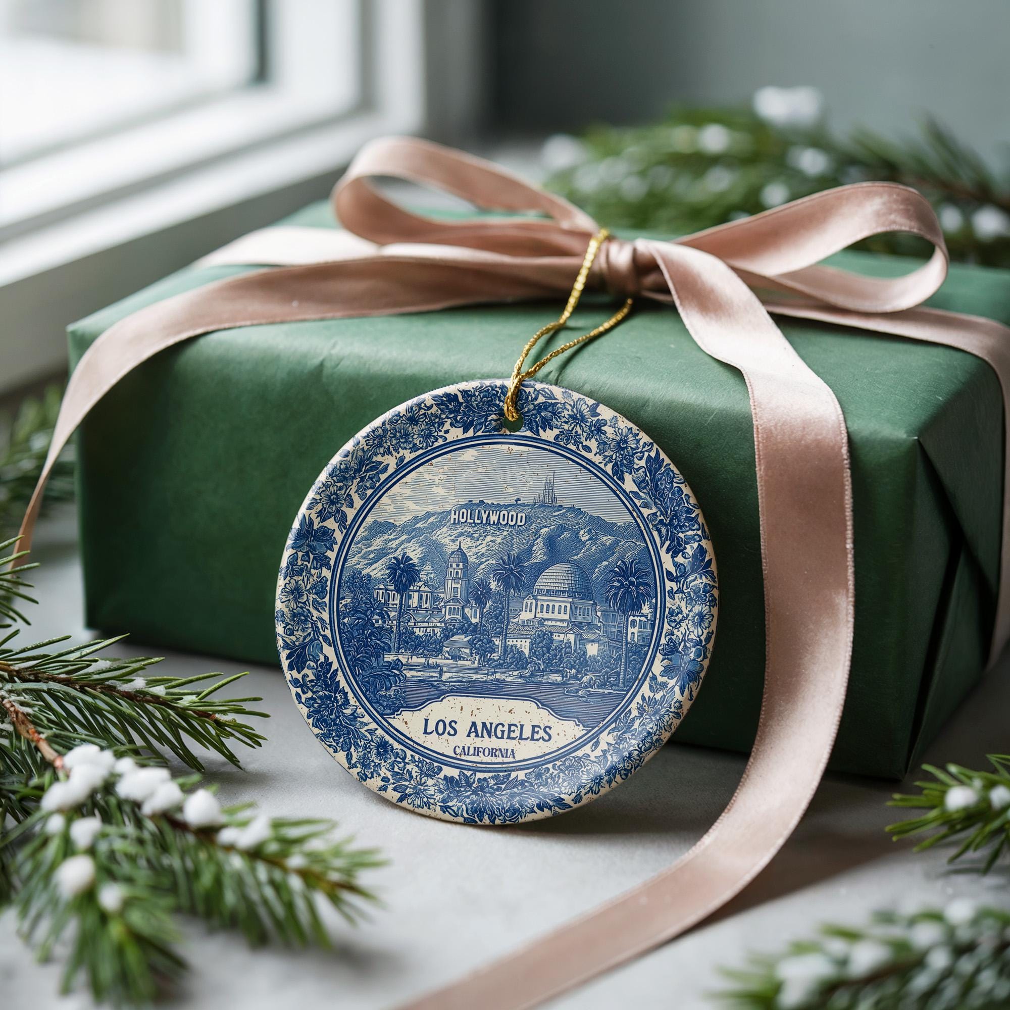 Custom Los Angeles California Ceramic Delft Ornament, Christmas Delftware Blue Delftware city travel