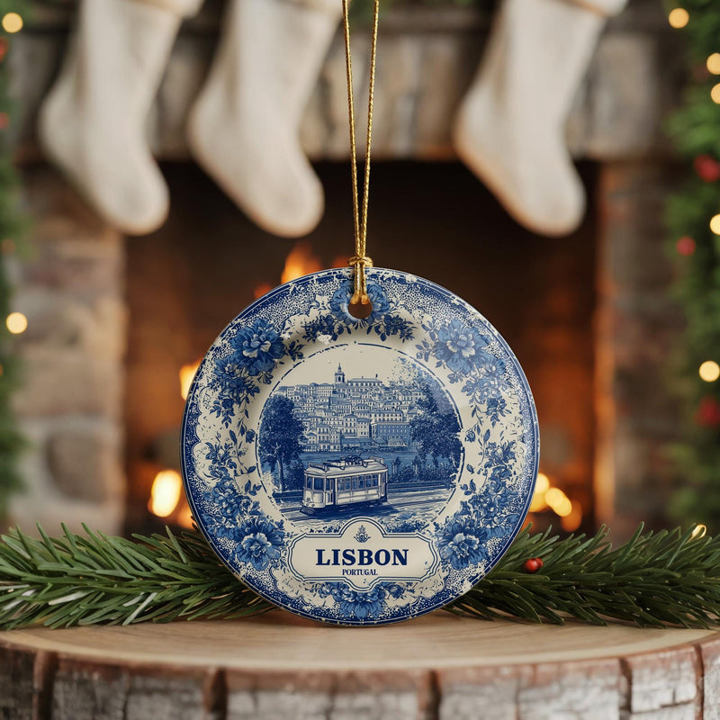 Custom Lisbon Portugal Ceramic Delft Ornament, Christmas Delftware Blue Delftware city travel
