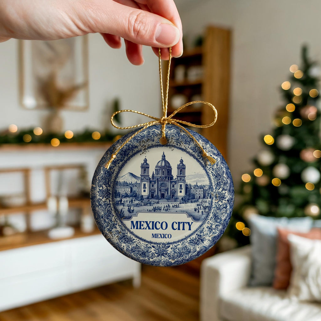 Custom Mexico City Ceramic Christmas Ornament: Delftware Travel Keepsake