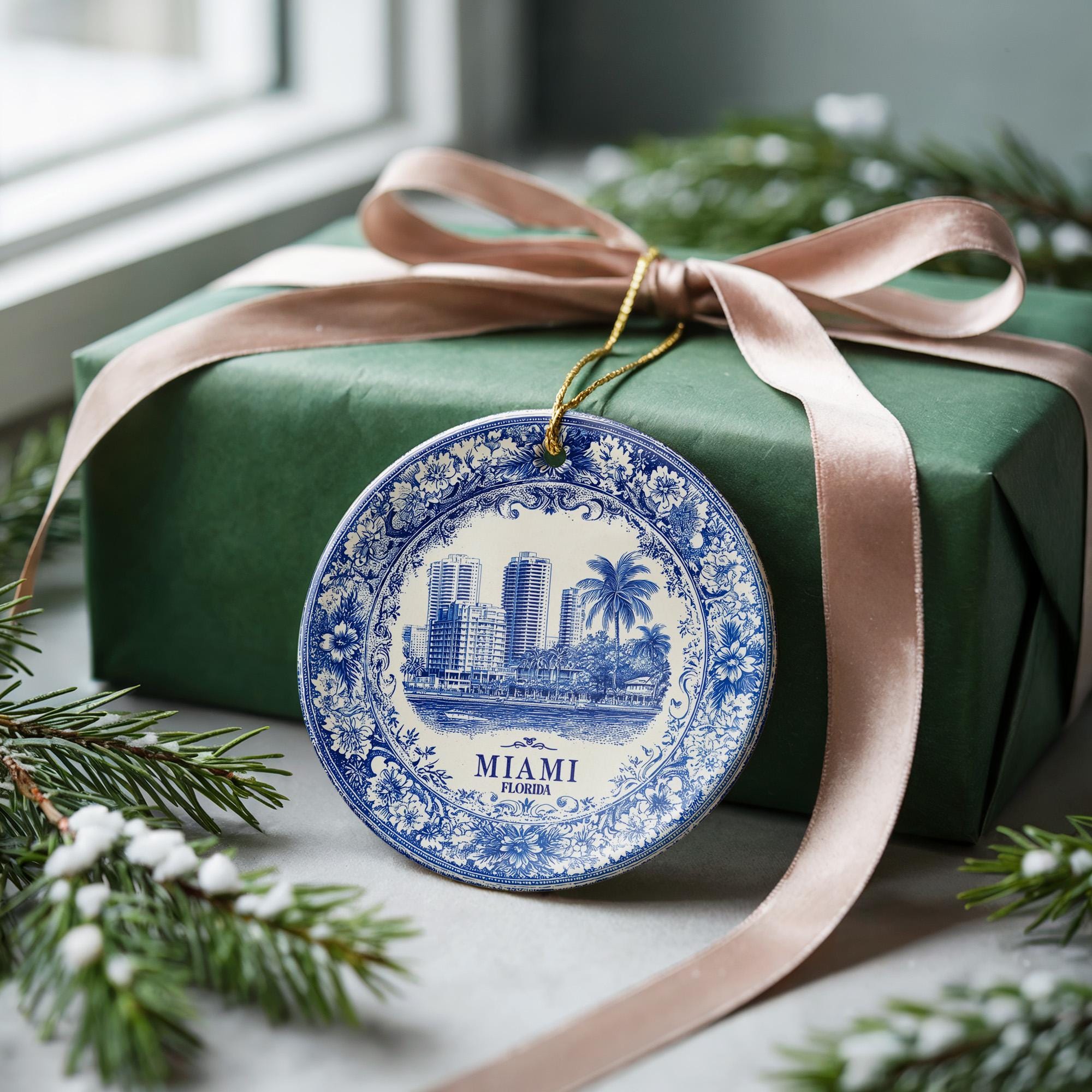 Custom Miami Florida Ceramic Delft Ornament, Christmas Delftware Blue Delftware city travel