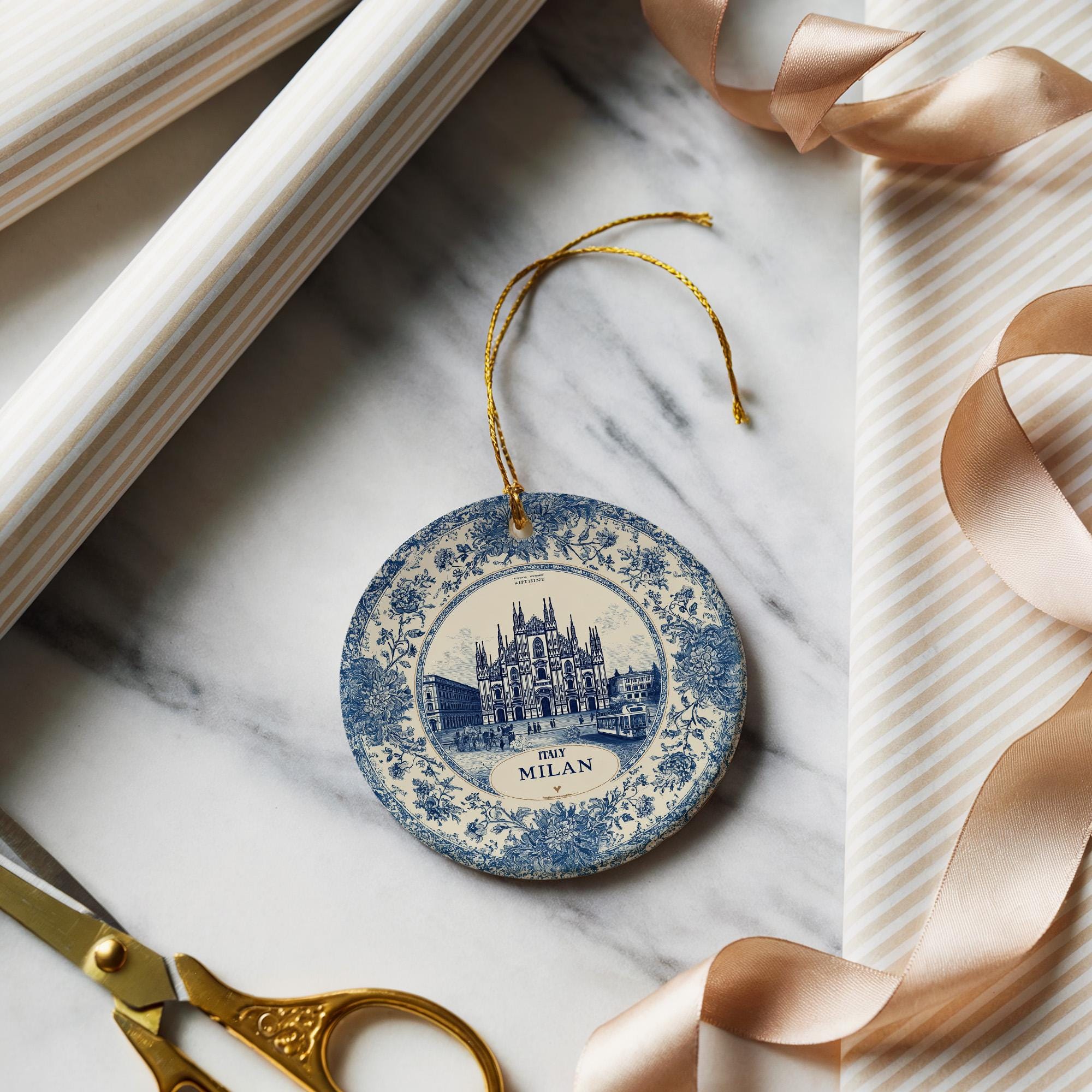 Custom Milan Italy Ceramic Delft Ornament, Christmas Delftware Blue Delftware city travel