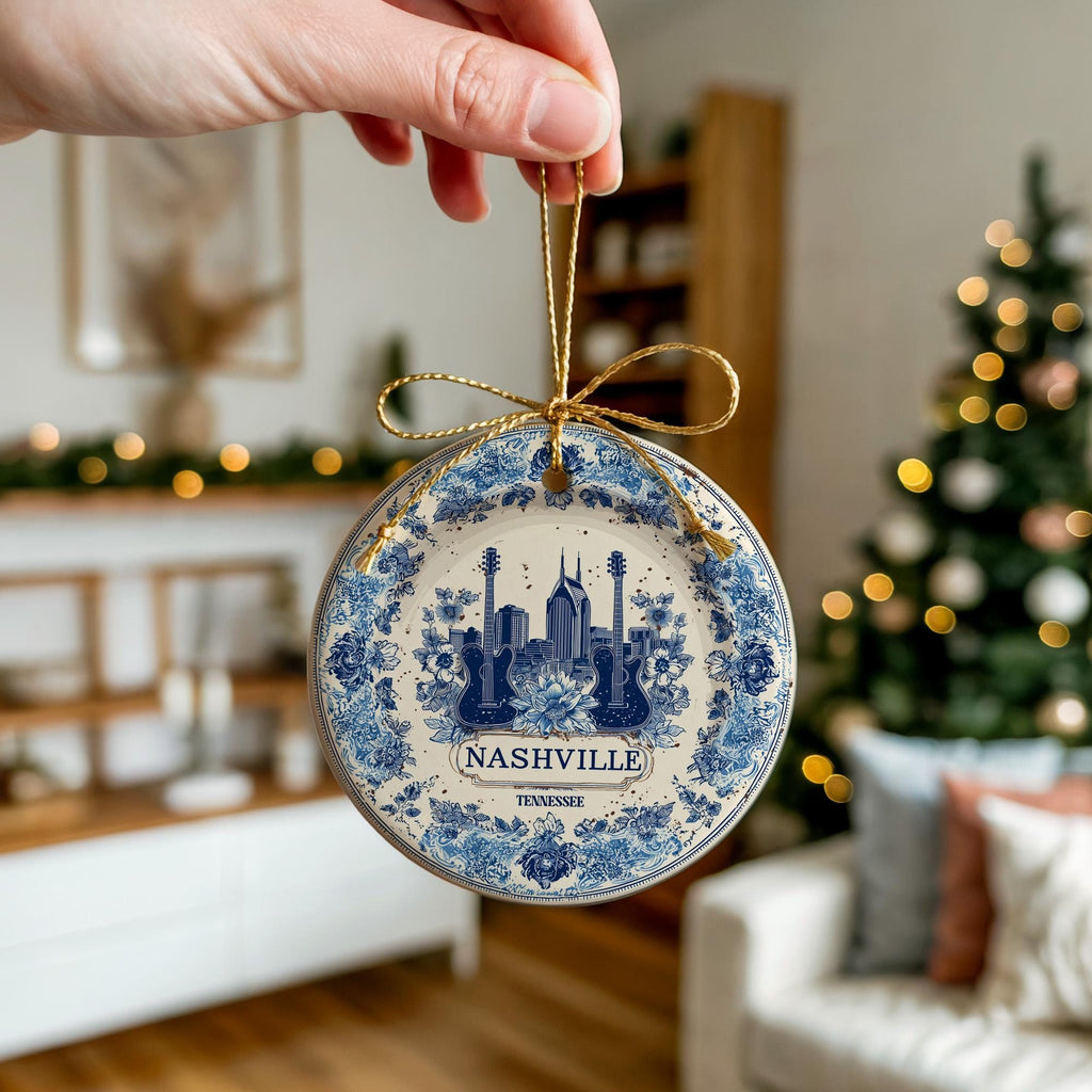 Custom Nashville Tennessee Ceramic Delft Ornament, Christmas Delftware Blue Delftware city travel