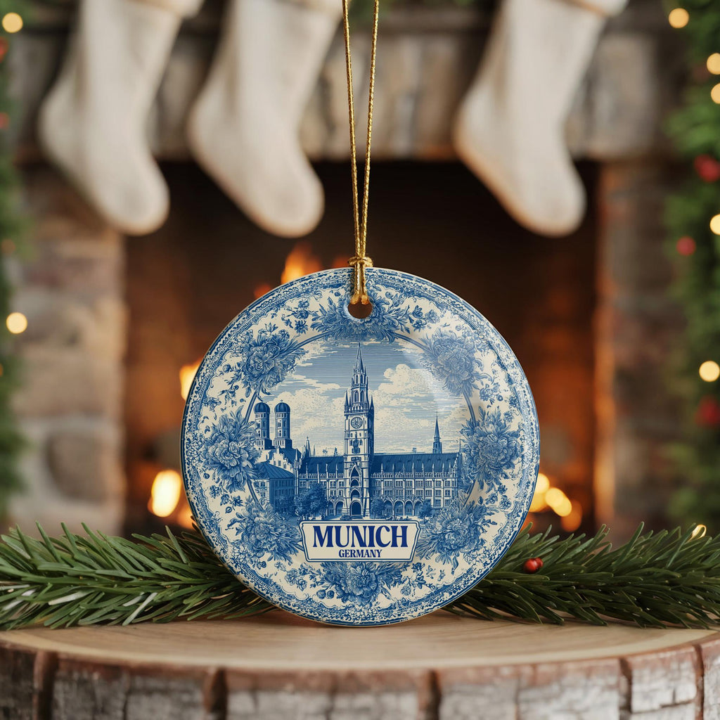 Custom Munich Germany Ceramic Delft Ornament, Christmas Delftware Blue Delftware city travel