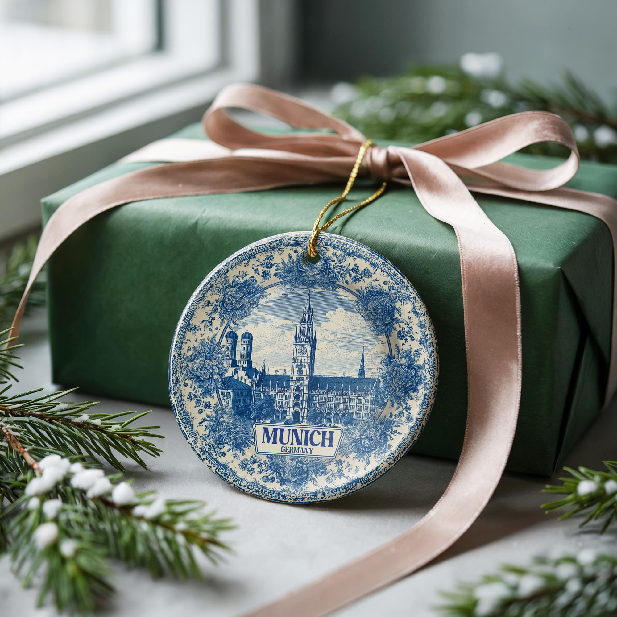 Custom Munich Germany Ceramic Delft Ornament, Christmas Delftware Blue Delftware city travel