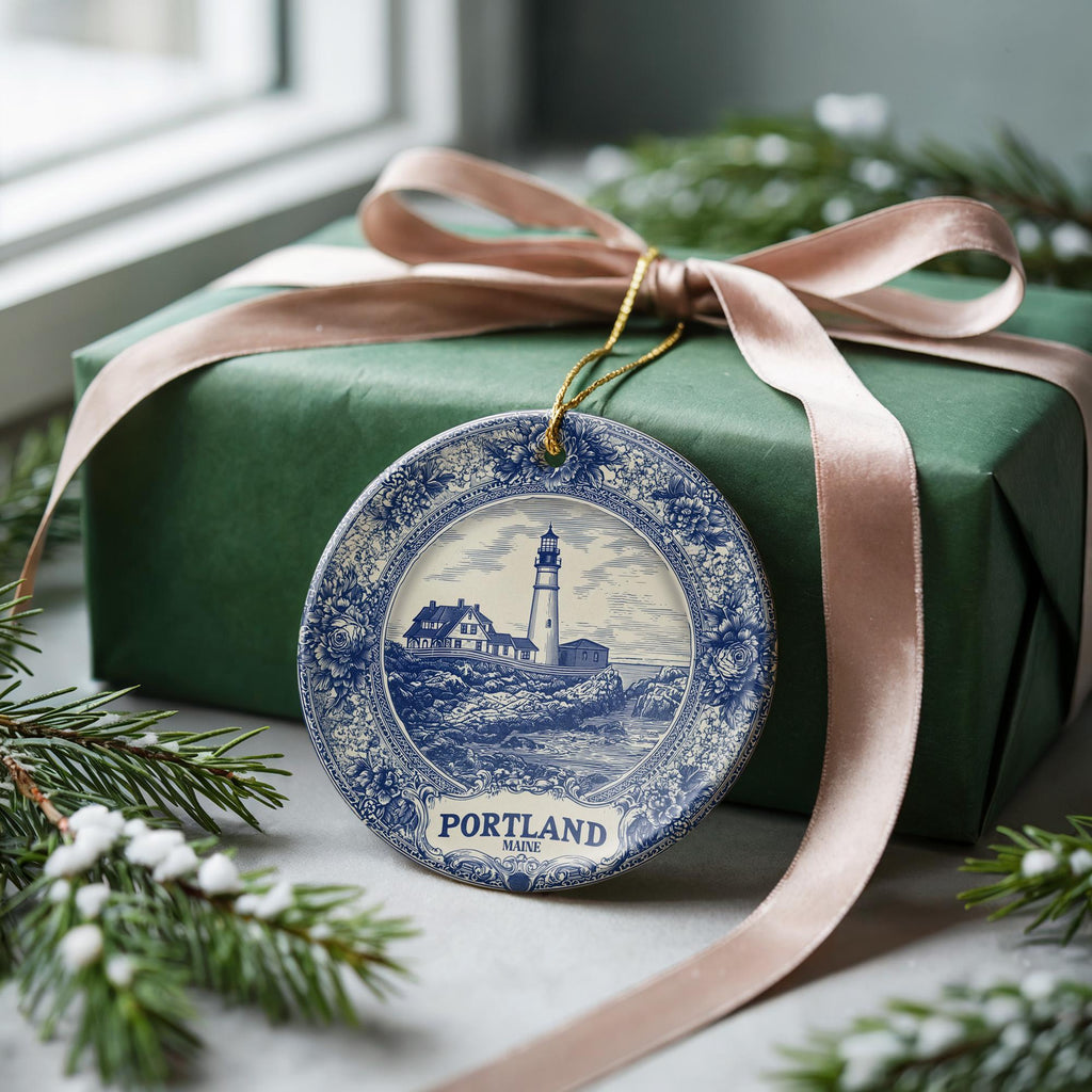 Custom Portland Maine Ceramic Delft Ornament, Christmas Delftware Blue Delftware city travel