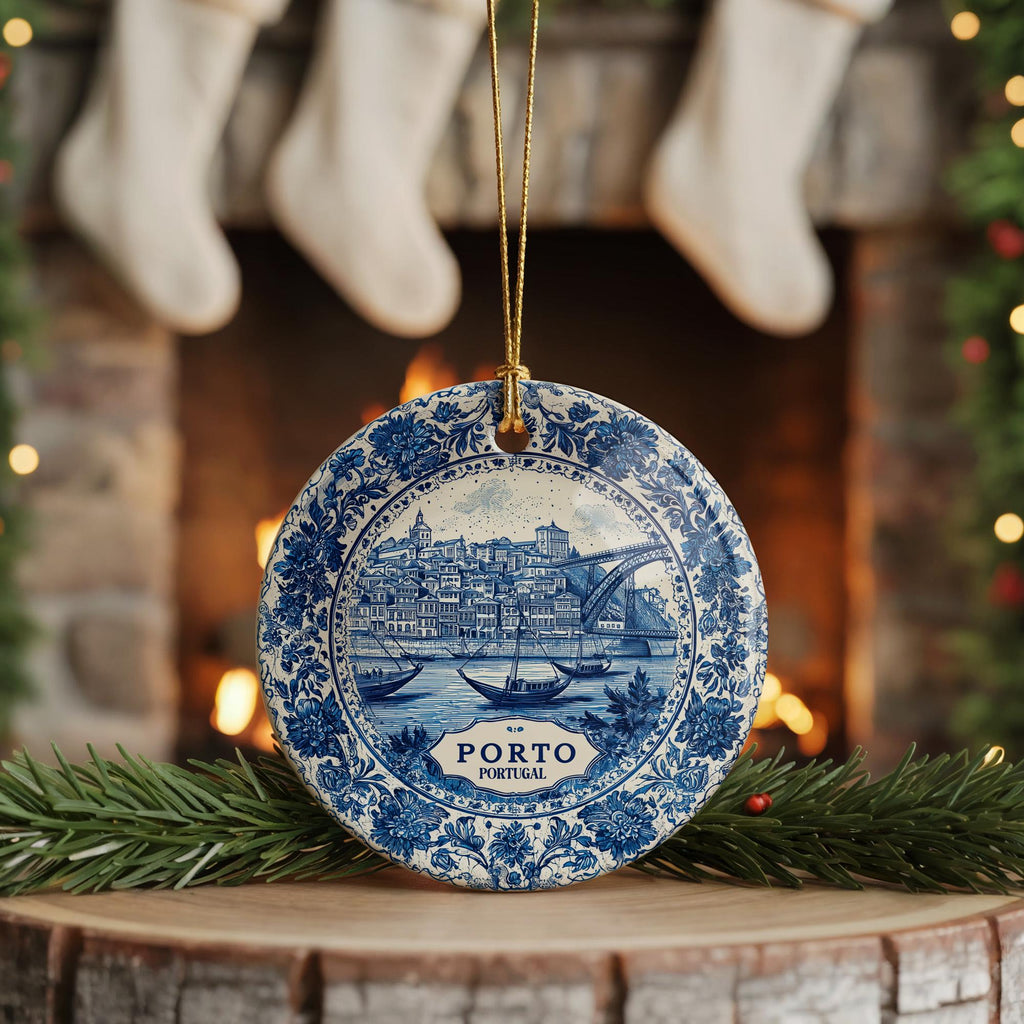 Custom Porto Portugal Ceramic Delft Ornament, Christmas Delftware Blue Delftware city travel