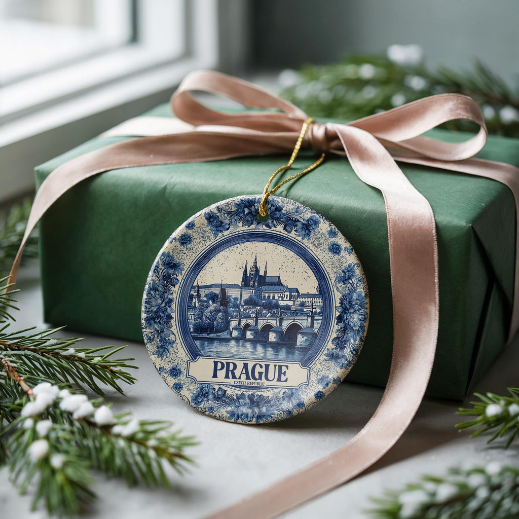 Custom Prague Czech Republic Ceramic Delft Ornament, Christmas Delftware Blue Delftware city travel