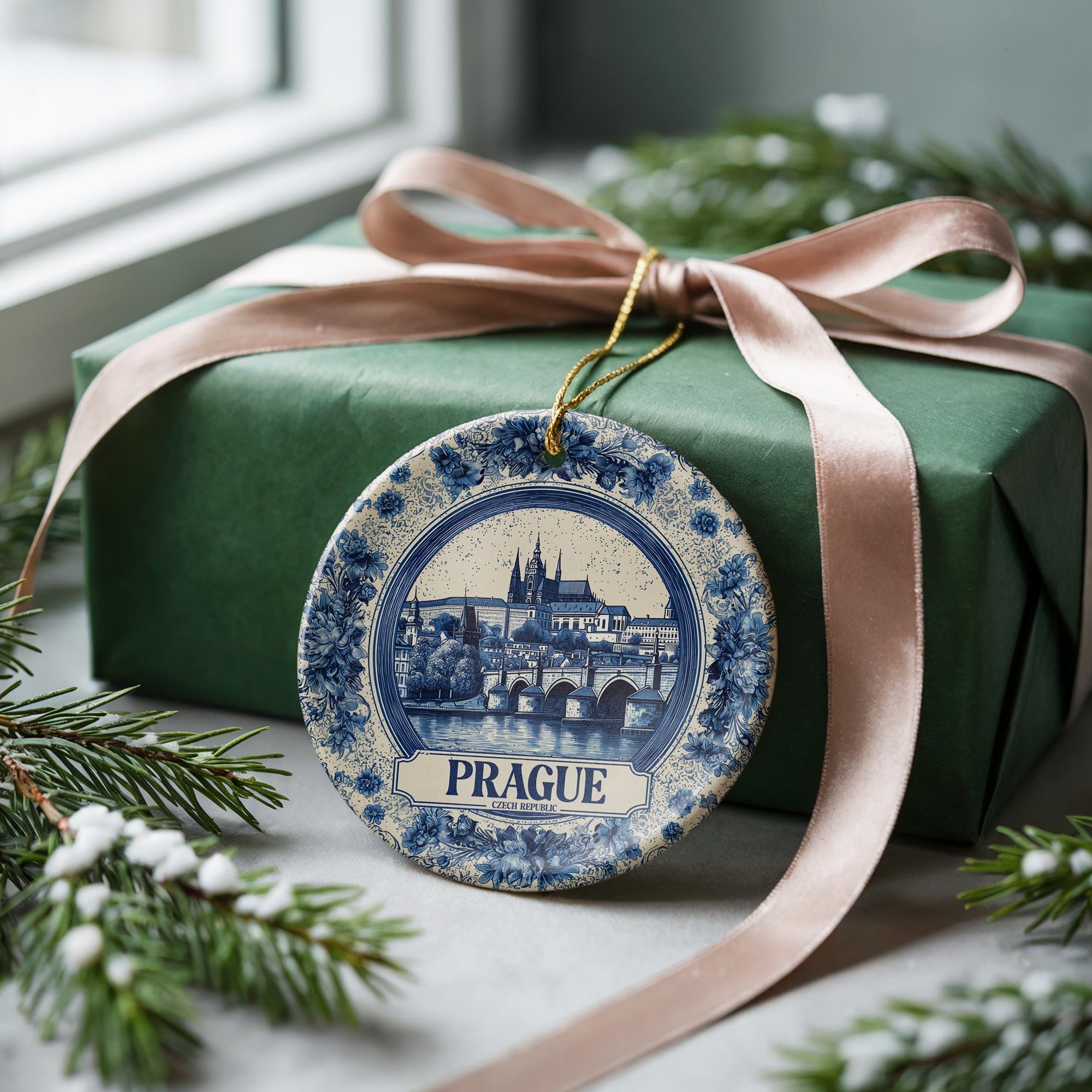 Custom Prague Czech Republic Ceramic Delft Ornament, Christmas Delftware Blue Delftware city travel