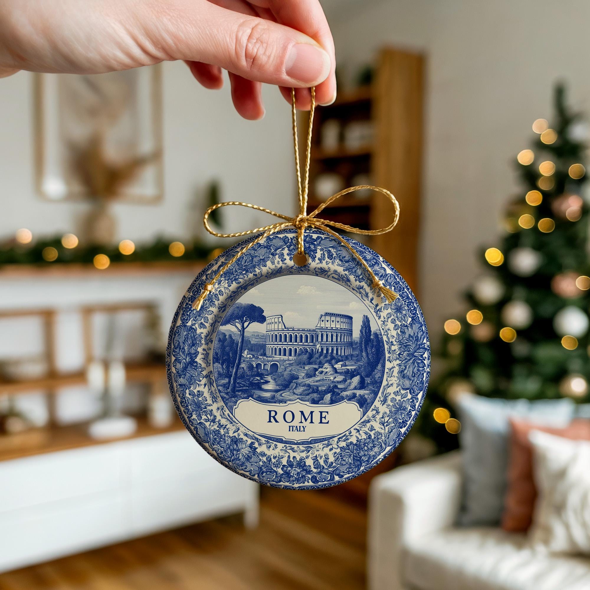 Custom Rome Italy Ceramic Delft Ornament, Christmas Delftware Blue Delftware city travel