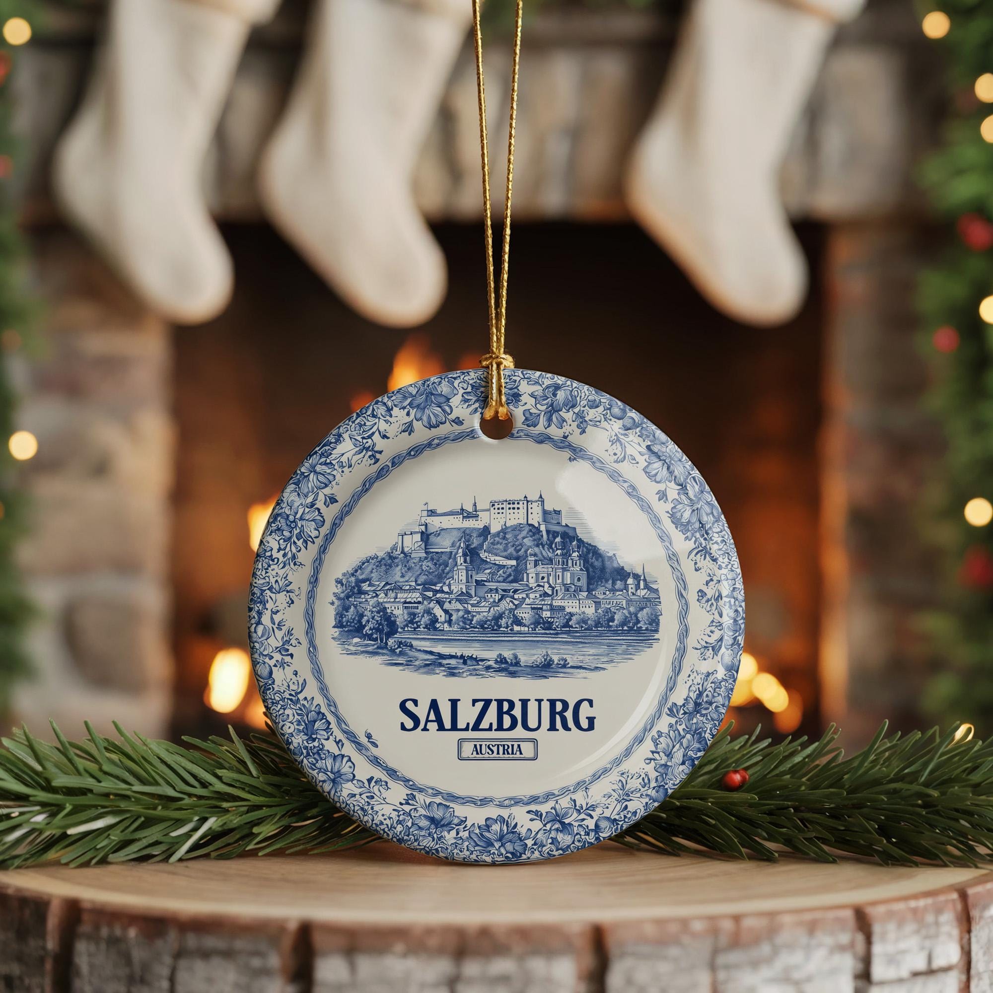 Custom Salzburg Austria Ceramic Delft Ornament, Christmas Delftware Blue Delftware city travel